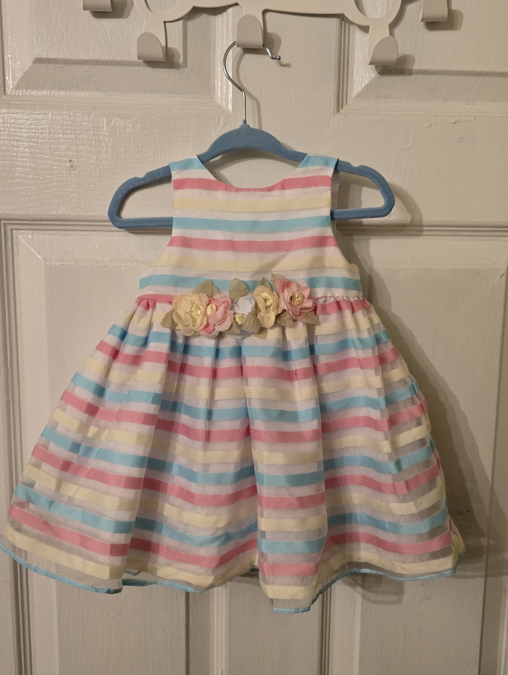 marmellata Pastel Stripe Floral Waist Party Dress - Pink Blue Yellow Cream